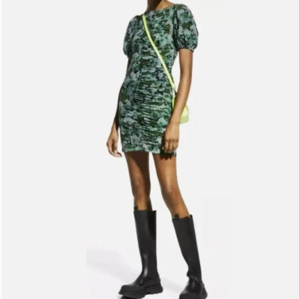 Ganni Printed Mesh Ruched Mini Dress